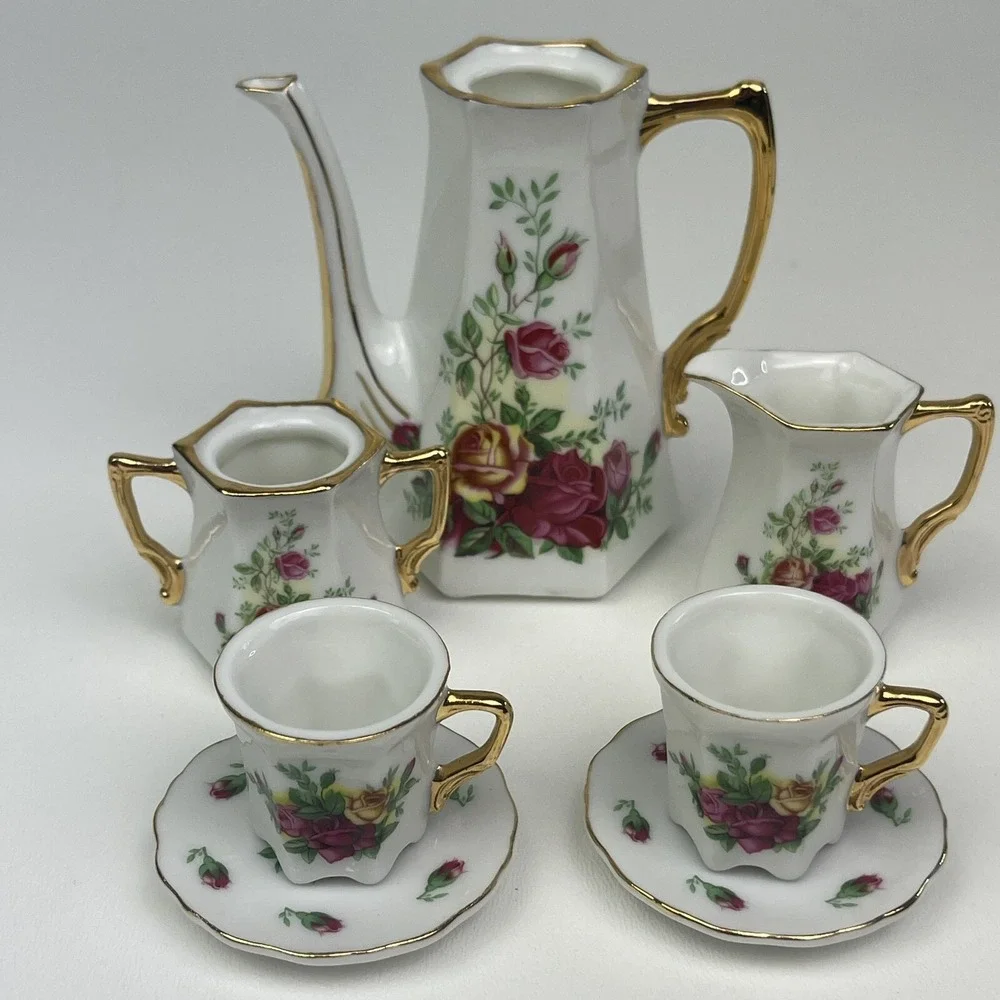 5‎ Piece Porcelain Miniature Tea Coffee Playset Floral Rose Gold Decorative Set
